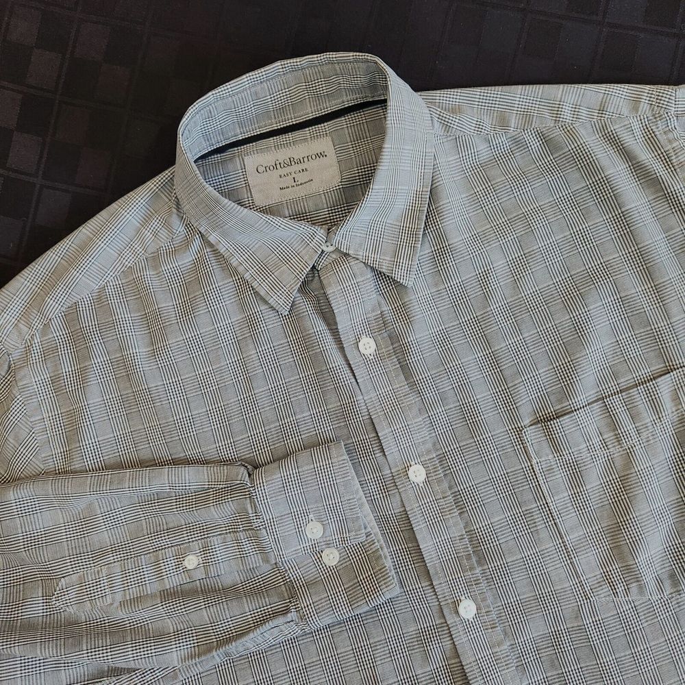 Croft & Barrow‎ Mens Long Sleeve Shirt Black White Plaid Easy Care Size Large L